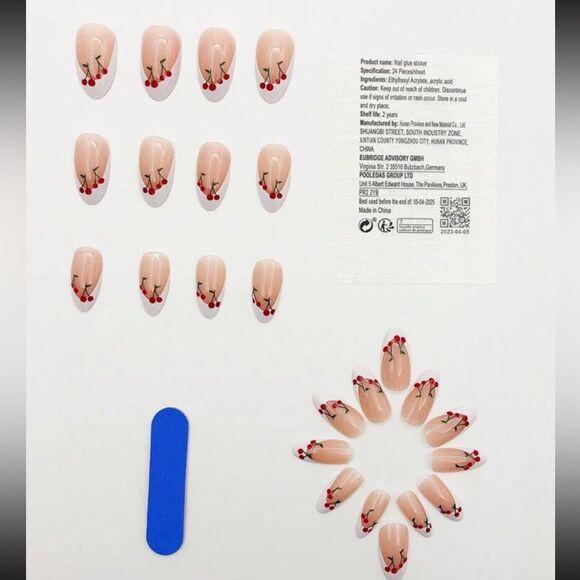 Whimsy Kawaii Cottagecore 24 Piece Cherry French Tip Almond Shape Nails - Picture 2 of 11